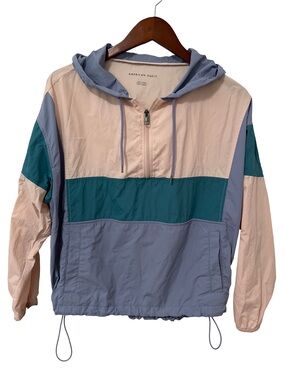 American Eagle Hooded Colorblock Windbreaker Jacket Blue Pink Half Zip